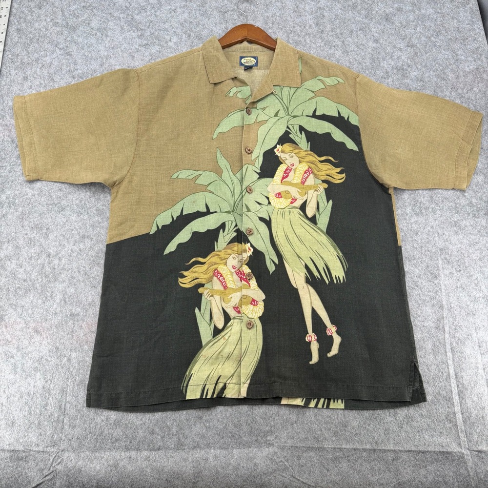 Tommy Bahama Mens Large Linen Hula Girl Palm Tree Graphic Camp Shirt Tan Black